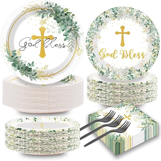 Naozinebi 200Pcs God Bless Baptism Plates Napkins First Holy Communion Party by Naozinebi