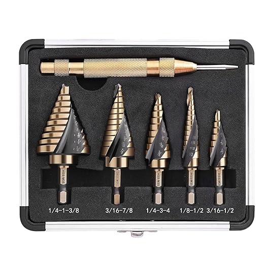 Cobalt Step Drill Bit Set, Hex Shank Step Drill Bit with Automatic Center Punch for Metal, Stainless Steel, Aluminum, Wood, and Plastic, Storage in Aluminum Case for DIY Lovers, 50 Sizes