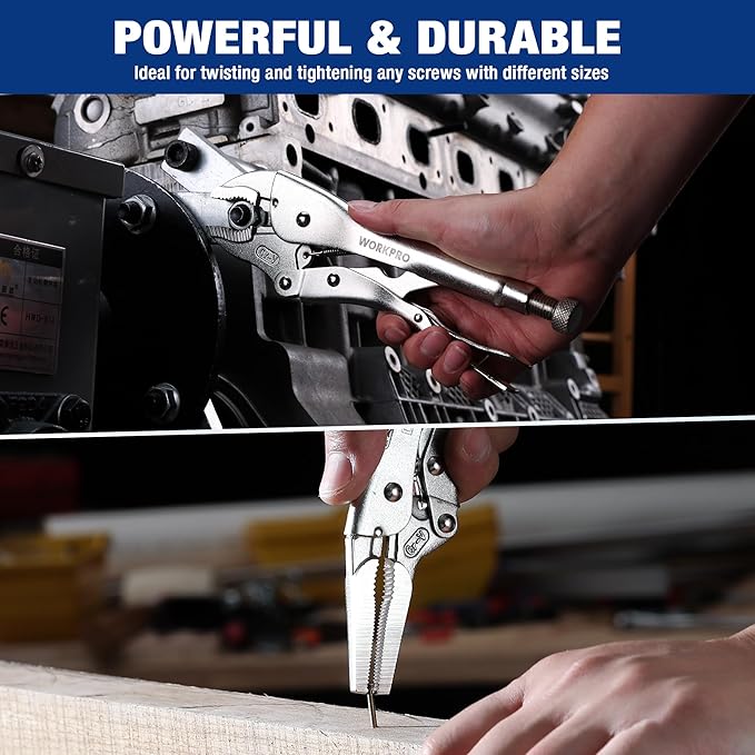 WORKPRO 5-Piece Locking Pliers Set, Pliers Tool Set, Vice Grips with Chrome-vanadium Steel, 5/7/10 inch Curved Jaw Pliers, 6.5/9 inch Long Nose Pliers