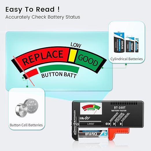 DLYPOW Battery Tester, Universal Battery Checker Small Battery Tester for AAA AA C D 9V 1.5V Button Cell Household Batteries (Upgraded Magnetic Version)