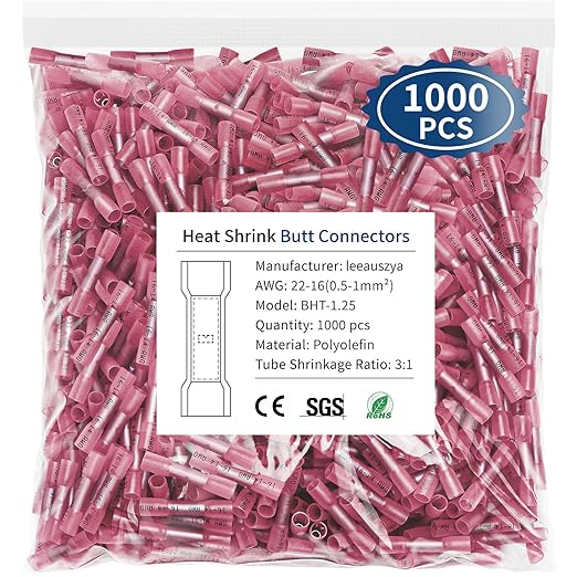 1000 Pcs Red Heat Shrink Butt Connectors, AWG 22-16 Marine Grade Wire Connectors, Insulated Watertight Electrical Connectors for Marine, Cable, Automotive, Industrial, Home