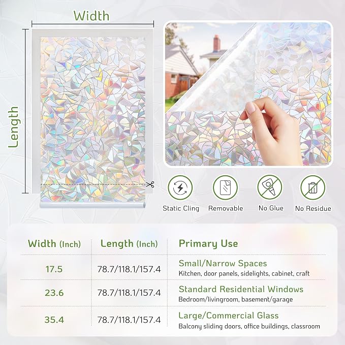 LUTE Rainbow Window Privacy Film, Stained Glass Cling, 17.5" x 157.4" | 3D - Image 7