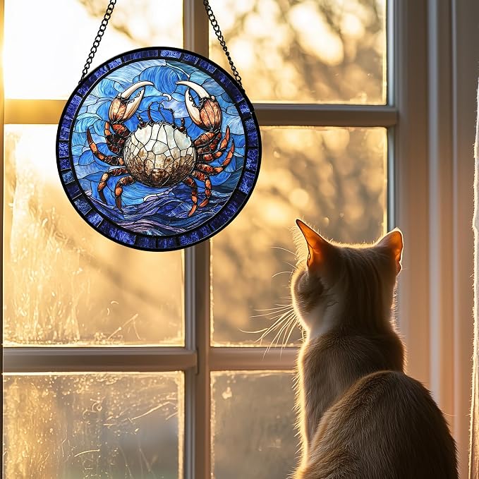 DASTOLL Stained Glass Window Hanging 4 Pcs Set Blue Ocean Waves Large 15" - Image 4