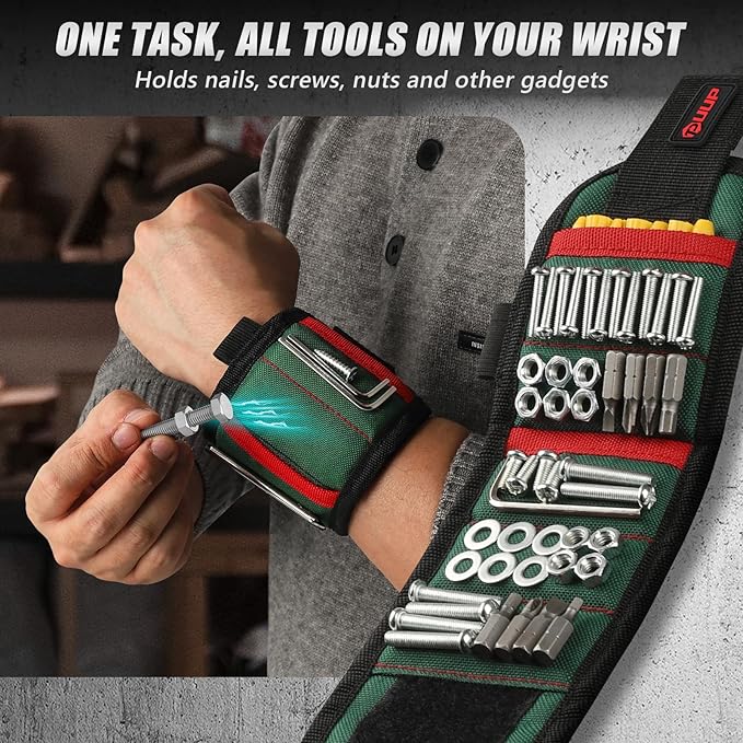Magnetic Wristband for Tools, Tool Belt Wrist Band with LED Light, 15 Powerful Magnet, Adjustable Wrist Screws Holder, Birthday Gift for Men, Him, Dad, Fathers Day, Mechanics, Woodworker, Handyman