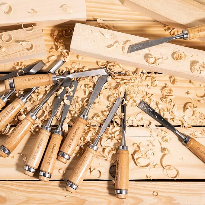 Falling in Art 12Pcs Wooden Carving Chisel Set, Woodworking Tools Set with a Leather Pouch, Full Size Knife Gouge Kit for Carving Projects, Ideal for Beginners and Professionals