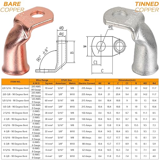 Tinned Copper Cable Lugs 10pcs 2/0 AWG-5/16 90 Degree Bent Battery Lugs,Heavy Duty Wire Lugs,Ring Terminal,00 Guage terminals,Battery Cable Ends/Terminal Connectors with 10pcs 3:1 Heat Shrink Tubing