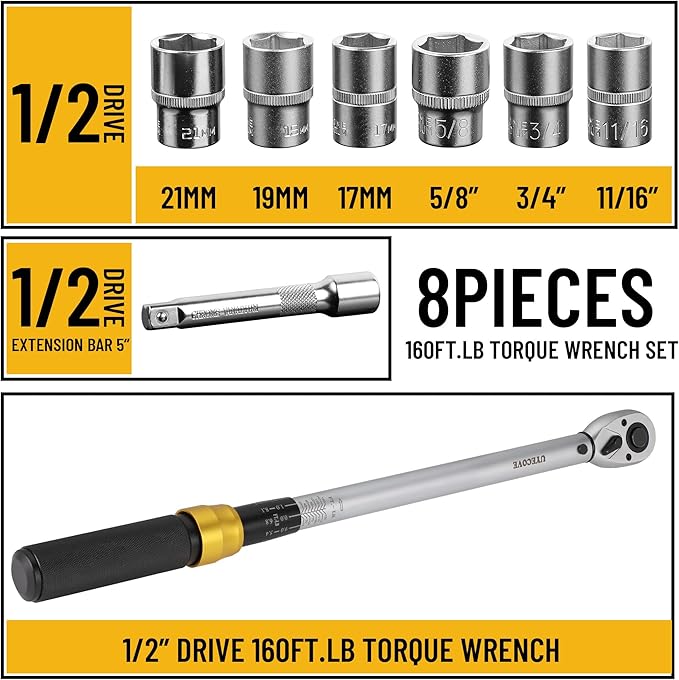 1/2-Inch Drive Click Torque Wrench Set, 10-160 FT-LB/13.6-217Nm Torque Wrench 1/2 Drive, 1/2 Torque Wrench Kit with Extension Bar & Socket Set- 8 PCS