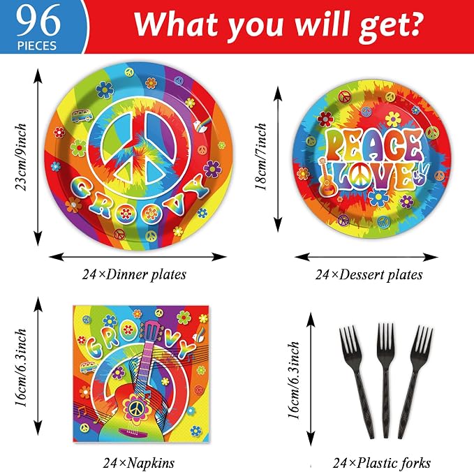 96 PCS 60’s Party Hippie Tableware Set Groovy Plates Napkins 60s Hippie Themed - Image 2
