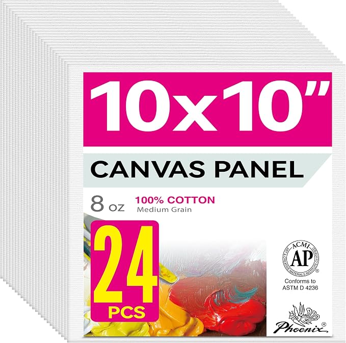PHOENIX Painting Canvas Panels 10x10 Inch, 24 Bulk Pack - 8 Oz Triple Primed by PHOENIX