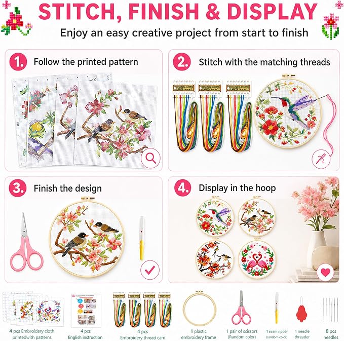 Zhenqing 4 Bird Circle Cross Stitch Kit 11CT Pre-Printed Floral Bird Embroidery - Image 6