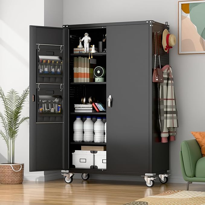 Metal Storage Cabinets on Wheels, 72.05" Steel Lockable Tool Cabinet with Shelves Pegboards Hooks for Home Office School Garage Warehouse Utility Room, Assembly Require, Black