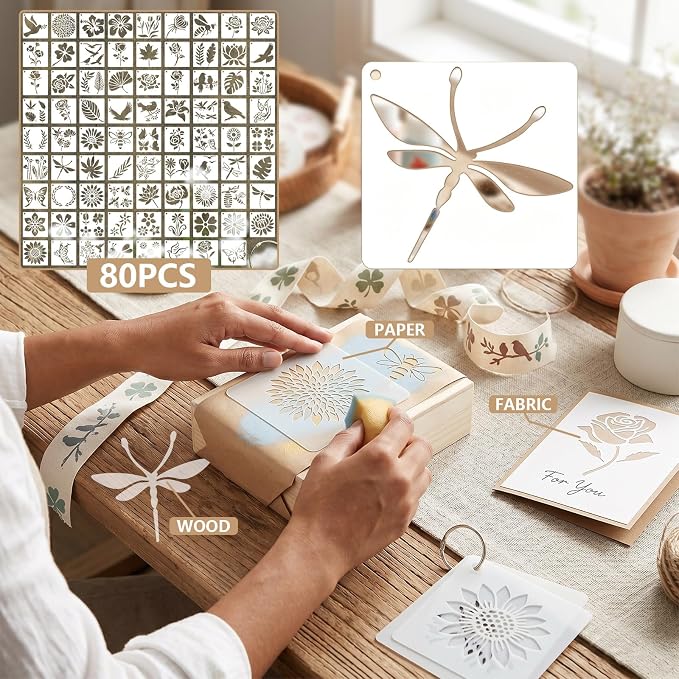 80 Pcs 3 Inch Small Nature Stencils, Reusable Flower Bird Butterfly Templates - Image 7