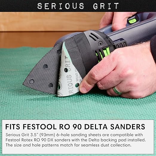 3.5" (93mm) 6-Hole 320 Grit Triangle Sanding Sheets - Fits Festool Rotex RO 90 Delta - Heavy-Duty Hook & Loop Film Disc Abrasives - Sandpaper for Detail Sanders - 50 Pack Box