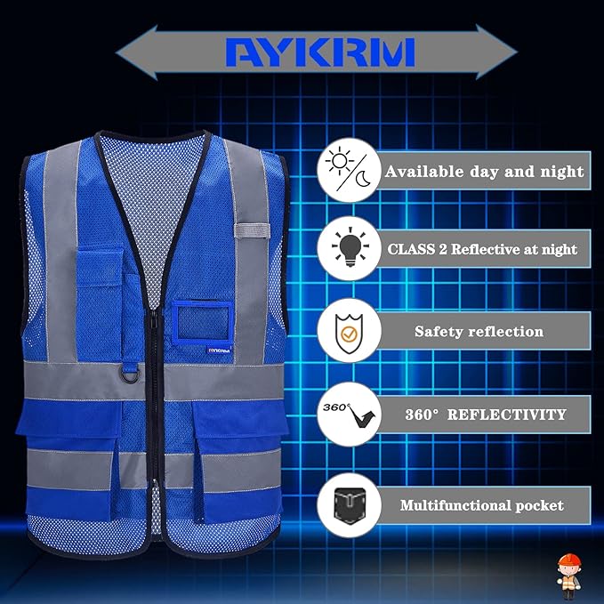 A-SAFETY High Visibility Mesh Safety Reflective Vest with Pockets and Zipper,Hi Viz Work Vest for Men Women (Blue Mesh XXL)