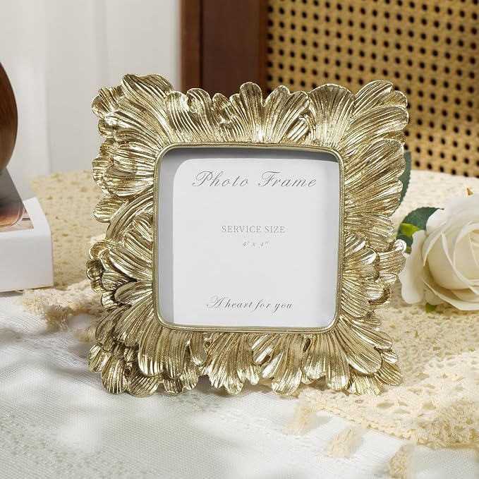 4x4 Gold Picture Frame, Vintage Ornate Square Photo Frame, Glass Front - Image 2