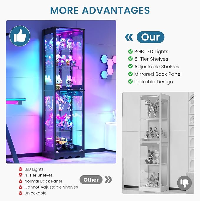 Dystler Display Cabinet with Glass Doors, 6 Tier RGB Lights Curio Cabinet | - Image 5