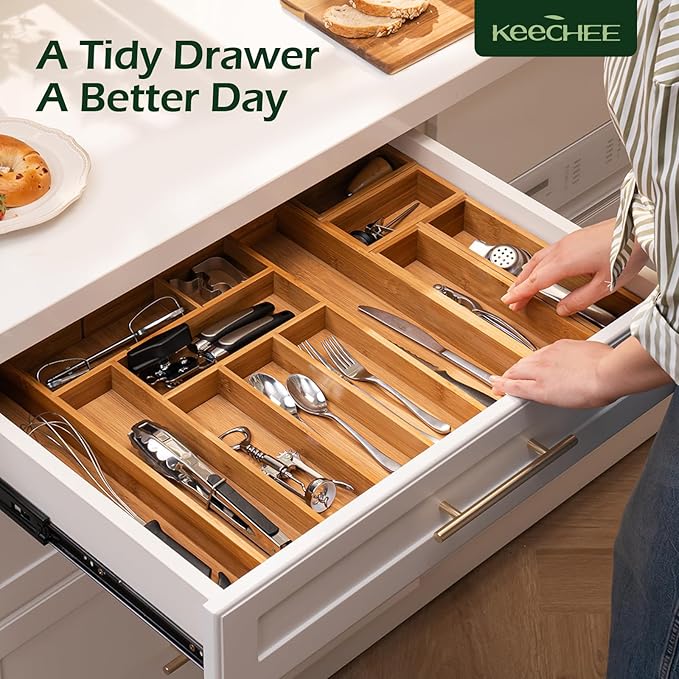 Carbonized Bamboo Kitchen Drawer Organizer, 8-10 Slots Expandable Silverware Organizer, Utensil Holder & Cutlery Tray, 2.2" Deep for Extra Capacity, Non-Slip Feet Included