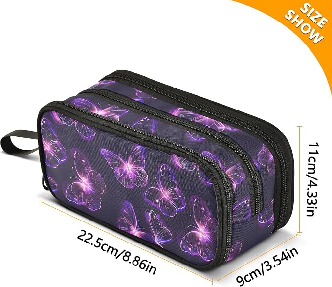 Butterflies Purple Neon Pencil Case Box Boys Girls Large Pencil Pouch Zipper - Image 7