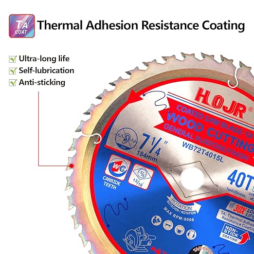 Circular Saw Blade Woodworking TA Series 7-1/4" 40-Tooth Arbor: 5/8", for Finishing/General Purpose Wood Cutting, Anti-Thermal Adhesion Coating on Cutting Head -TA, 7-1/4" 40T TA