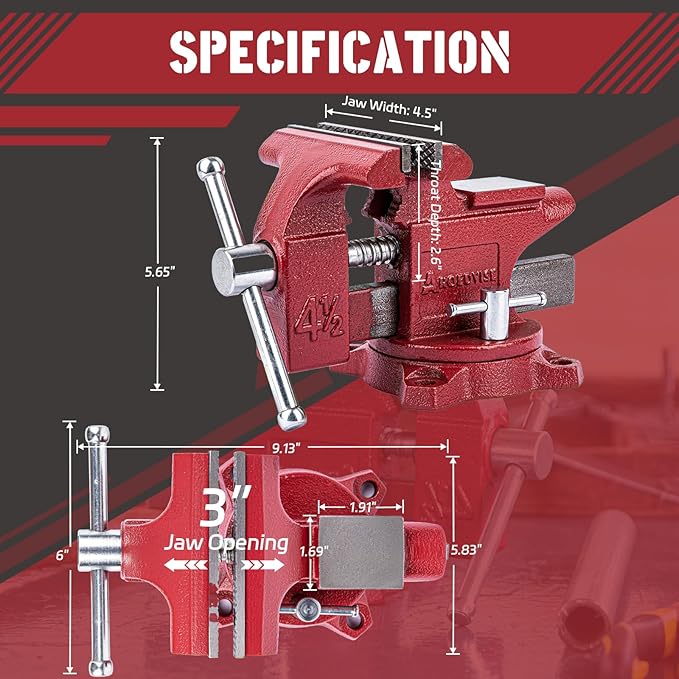 Home Vise 4-1/2" Jaw Width Bench Vise with a 3 Inch Jaw Opening Home Vise for Woodworking, Drilling, Cutting Cast Iron Red