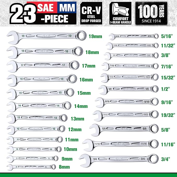 SK Combination Wrench Set, SAE 5/16" to 3/4", Metric 8 to 19mm, 23-Piece, SuperKrome Finish, Premium CR-V Construction, with Rolling Pouch