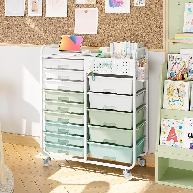 Rolling Storage Cart with 14 Drawers, Storage Organizer Cart with Tabletop and - Image 9