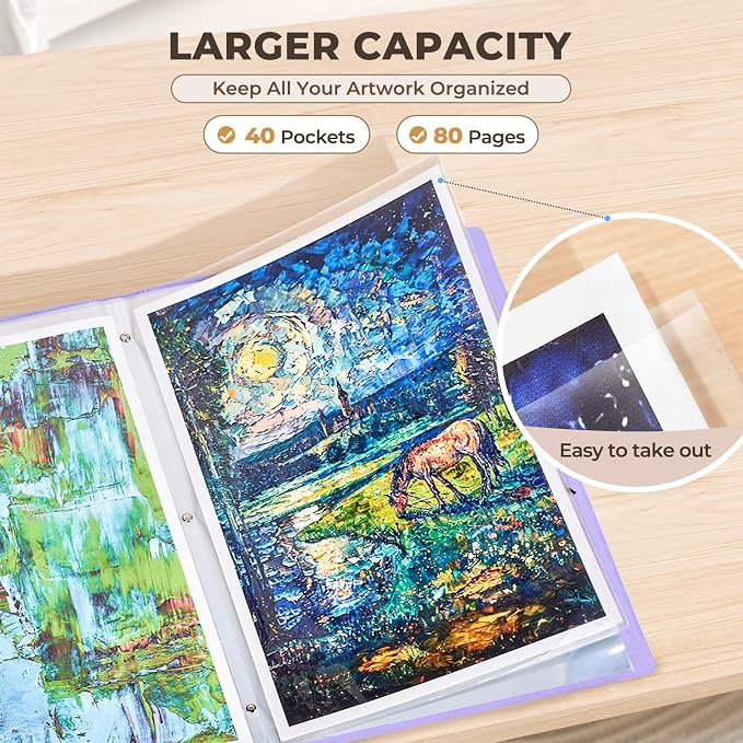 JoyCat 12 x 18 Art Portfolio Binder, 40 Acid-Free Clear Pockets Art Folder - Image 3