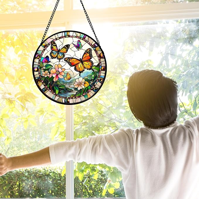 DASTOLL Stained Glass Window Hanging, Butterflies Flying in the Sky Suncatcher - Image 3
