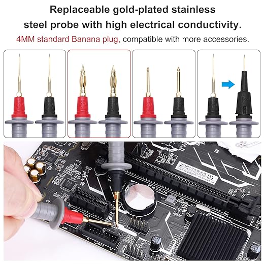 28 Pcs Multimeter Test Leads Kit with Replaceable Gold-Plated Multimeter Probes, Alligator Clips, Test Hooks,Back Probe Pins with Tool Bag