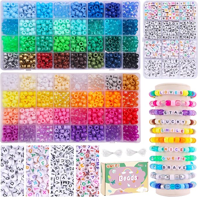 QUEFE Pony Beads for Bracelet Making Kit 64 Colors, Letter Beads and Elastic by QUEFE
