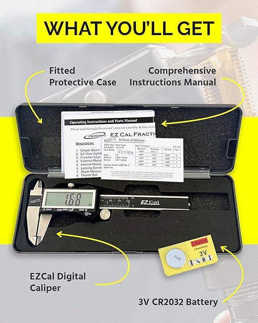iGAGING EZCal Digital Caliper 0-8"/200 mm - IP54 Electronic Caliper with Extra-Large LCD Display - Quick & Accurate Measurements in Inch, Metric, & Fraction Modes - Includes Case, Manual, & Battery