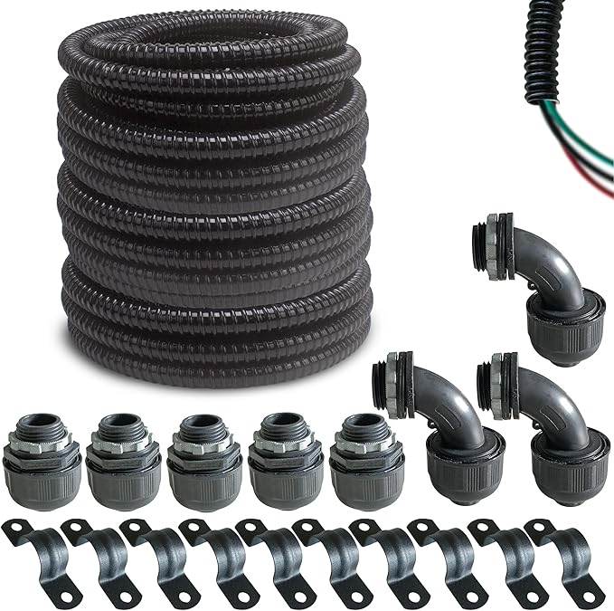 (1/2" Dia * 100 Feet) Yariwiz Black Special Extra Flexible Electrical Conduit Liquid Tight PVC Conduit Kit with 5 PCS Coupling, 5 PCS Elbow and 10 PCS Strap, Sealtight Seal Flex Liquidtight Wire