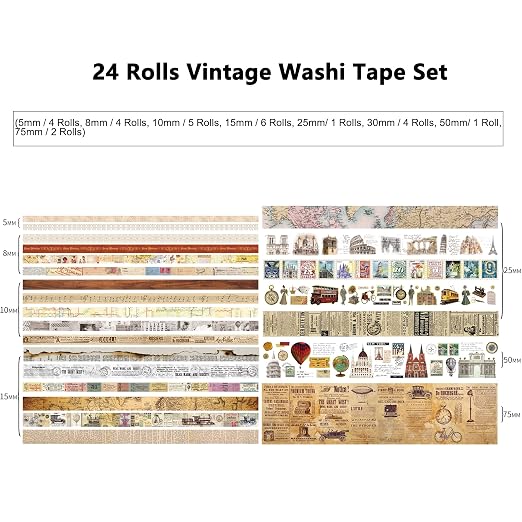 24 Rolls Vintage Washi Tape Set, Antique Car Buildings Map Stamp Stripe - Image 3