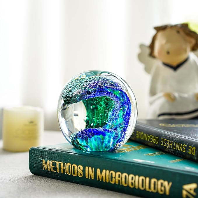 QFkris 3'' Hand Blown Glass Ocean Waves Ball Figurine, Glass Art Bubble Waves - Image 6