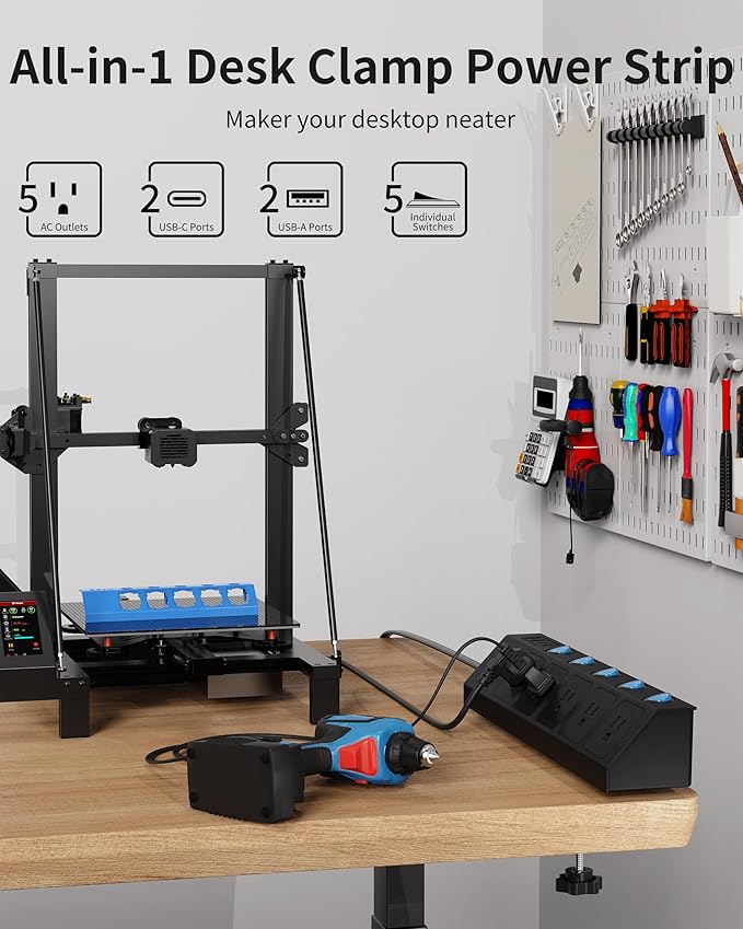 Desk Clamp Power Strip with Individual Switches, 10FT Desktop Mount Charging Station, 5-Outlet Surge Protector with 2 USB-C (20W PD), Fit 1.7" Tabletop Edge, Wall Mount for Home Office, Black