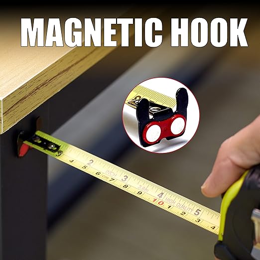 12-Ft Tape Measure with Magnetic Hooks, Fraction Markings, Steel Retractable, Both Side Ruler, Easy to Read Measuring Tape, Shock Absorbent Rubber Case