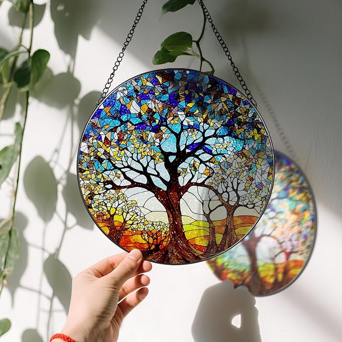 Stained Glass Window Hanging, LAOWEIKI 8'' Tree of Life Suncatcher, Stained - Image 3