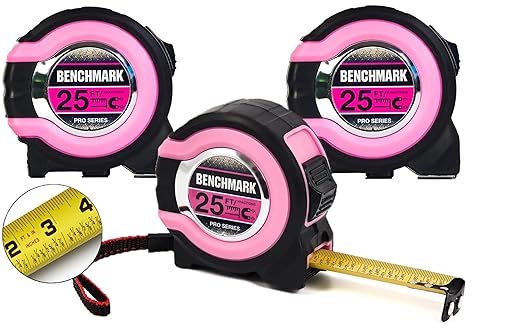 Benchmark - Pink - 3 Pack - 25 ft Tape Measures - Easy to Read Fractions to 1/8th inch - Magnetic Tip - Thumb and Quick Lock - Autowind - Belt Clip