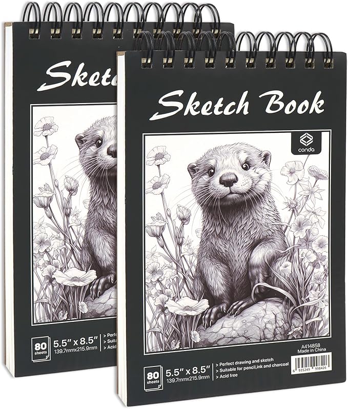 CONDA 5.5 x 8.5 Sketchbook Book, Top Spiral Bound Sketch Pad, 2 Pack, 80 Sheets by CONDA
