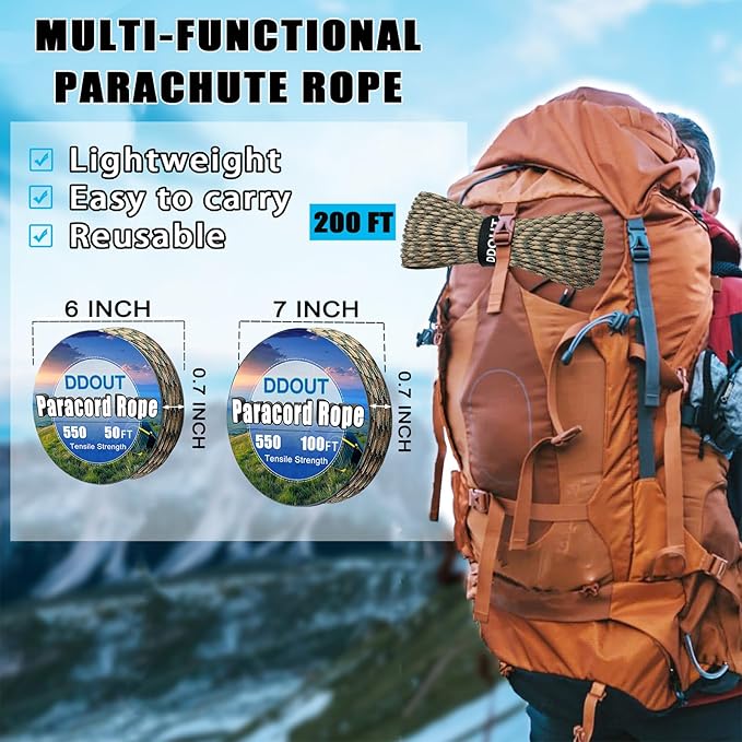 Paracord Nylon Rope Camo 200ft with 7-Strand Core, 10 Colors and 50/100/200 ft, Type III Parachute Cord 4mm for Camping, Survival, Hiking, DIY, Crafting, Outdoor Utility Rope