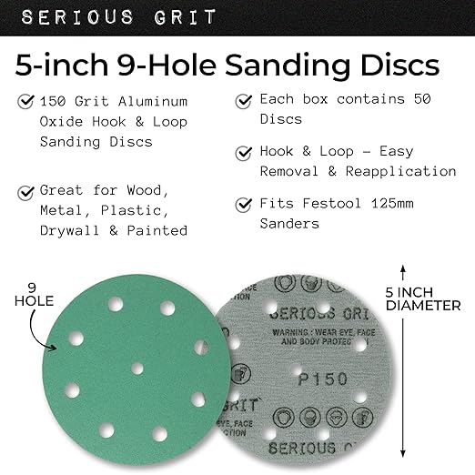 5-Inch 9-Hole 150 Grit Sanding Discs - Heavy-Duty Hook & Loop Film Discs - Sandpaper for Random Orbital Sanders - 50 Pack Box