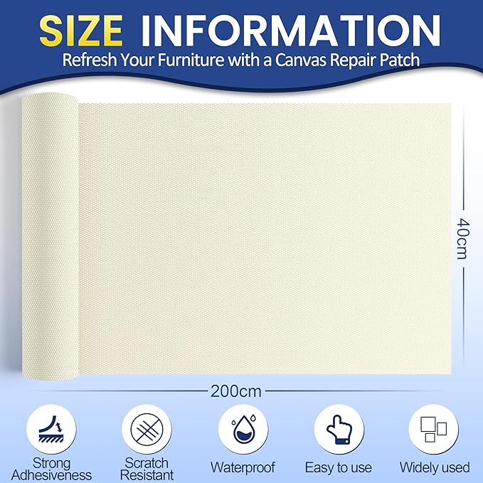 Self-Adhesive Canvas Repair Tape, 16" x 79" Waterproof Canvas Repair Patch, Fabric Patch Repairs Kit for Furniture, Tents, Sunbrellas, Boat Covers Awnings, Couches, Clothes, Bags Beige&White