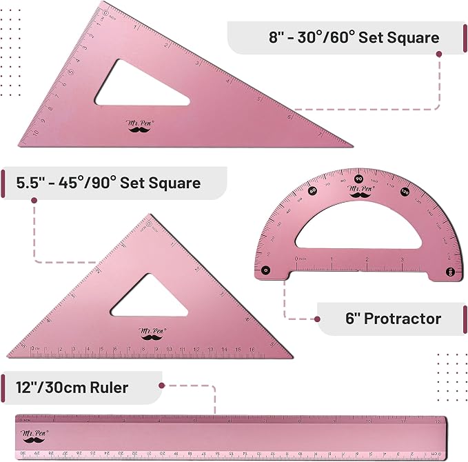 Mr. Pen- Metal Geometry Kit, 4 Pack, 45° & 30°/60° Set Squares | 6" Protractor - Image 2