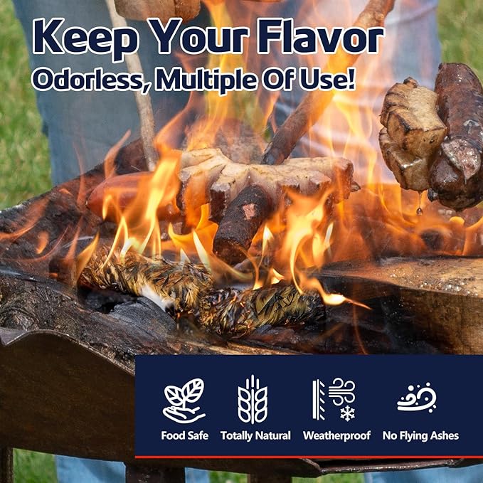 Fire Starter 72Pcs - Extra Long 12min Natural Fire Starters for Grill, Fireplace, Camping & Survival Kit | Waterproof, Odorless, Safe for BBQ/Pizza Oven/Chimney (Indoor & Outdoor)
