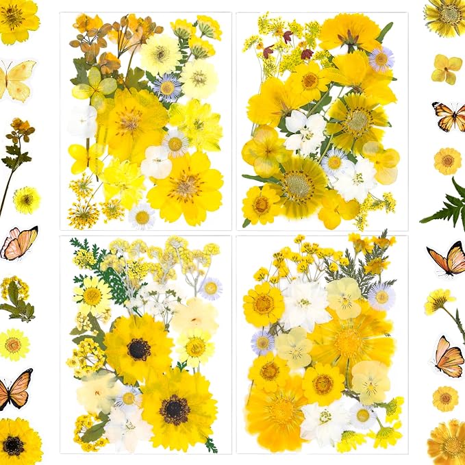 132Pcs Yellow Pressed Dried Flowers and Butterfly by LUCISKY