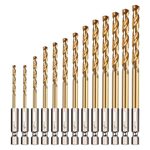 13 Pcs Titanium Coated Twist Hex Shank Drill Bit Set, 135 Degree Tip HSS Impact Drill Bit Set with Storage Case for Metal, Aluminum, Steel, Wood, Plastic, Quick Change Design 1/16" to 1/4"