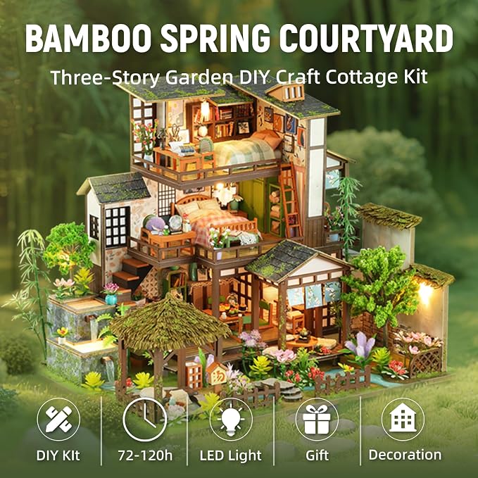 DIY Miniature House Kit with LED Lights, Bamboo Spring Courtyard Wooden Mini - Image 2