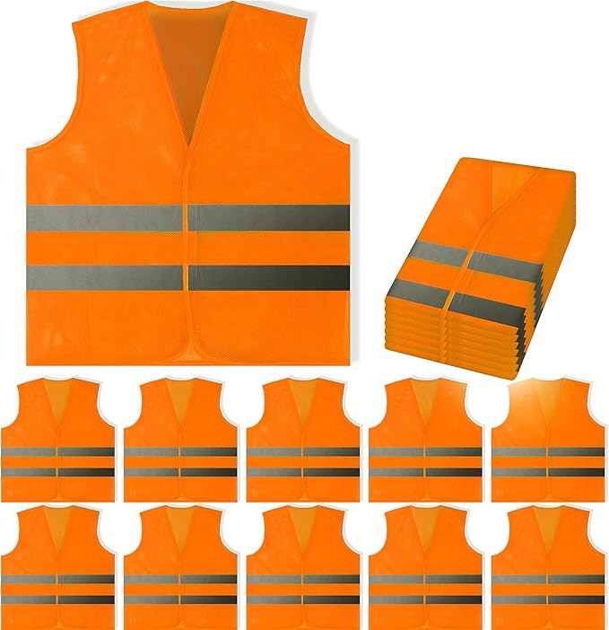 PeerBasics Safety Vest Bulk 12 Pack - Orange Reflective High Visibility, Men Women