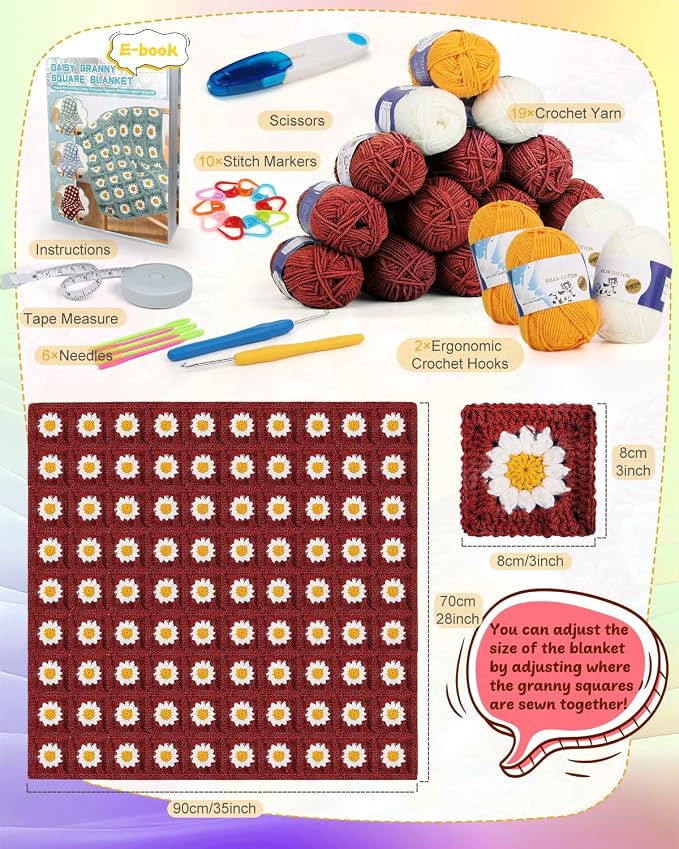 Coopay Crochet Kit Beginners for Blanket, Granny Squares Crochet Blanket Kit - Image 6