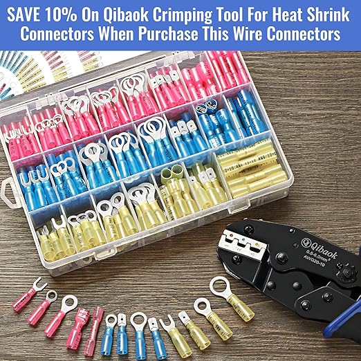 500 PCS Heat Shrink Wire Connectors Qibaok Insulated Electrical Terminals Kit Waterproof Marine Crimp Connector Assortment Ring Fork Spade Butt Splices